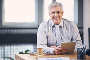 Senior, business man and tablet in portrait with smile, analysis and planning at desk for schedule. Elderly businessman, fintech and mobile touchscreen for email, market strategy or contact on web