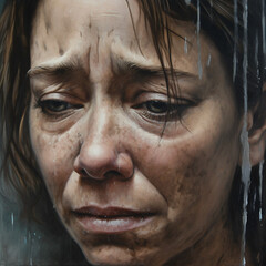 Verzweifelte Tränen: Eine Traurige Frau in einem überzogenen Gemälde