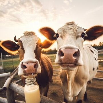Milchtrinkende K&uuml;he im Sonnenuntergang: Eine absurde Szene in surrealer Landschaft