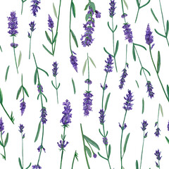 Hand drawn seamless pattern in retro style with violet lavender flowers and leaves. Decorative floral background for a wedding or branding design in purple and green colors