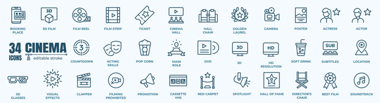 Simple Set of Cinema and Movie Related Vector Line Icons.  Editable Stroke. 48x48 Pixel Perfect