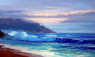 Fototapeta na wymiar Abstract ocean wave landscape art on canvas. Created using generative Ai