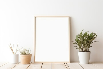 Home interior poster mock up with wooden frame and plant on white wall background. Modern home decor. Ready to use template