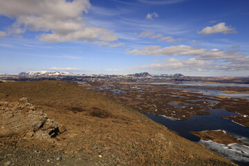 Mývatn is a shallow lake located in an area of active volcanism in northern Iceland, near the Krafla volcano
