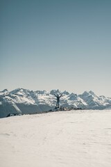 A man succes by reaching the sumit of a snow mountain with beautiful blue sky holding a camera on his hand, you can see the snow mountains in the back
