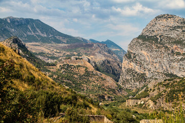 Raganello Gorge with Devil bridge in Civita, Calabria, Italy. Beautiful mountain landscape of the...