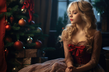 Obraz na płótnie Canvas Captivating Christmas Portrait: A photo of a blonde woman with sexy outfit seated with poise, surrounded by the magical ambiance of a Christmas tree and festive scenery. AI Generative
