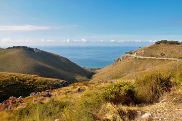 Sea landscape at Sperlonga, Lazio, Italy. Scenic resort town village with nice sand beach