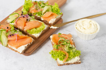 Sandwiches with salted salmon. Healthy food, breakfast