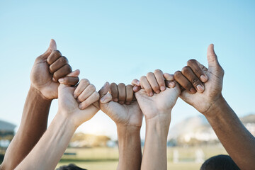 Fist, hands and group with diversity for outdoor celebration or team building together for support,...