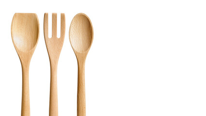 Group of wooden cooking utensils isolated on white background.