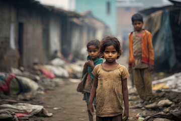 Innocence Amidst Poverty. Kids with Poverty Houses in the Background. Strength in Adversity. AI Generative