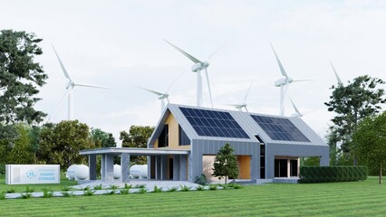Obraz premium Modern eco house with solar panels and windmills to use alternative energy.