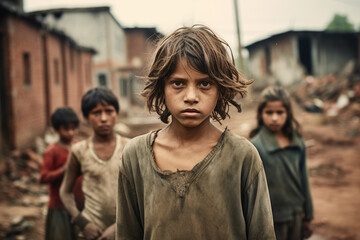 Obraz premium Innocence Amidst Poverty. Kids with Poverty Houses in the Background. Strength in Adversity. AI Generative