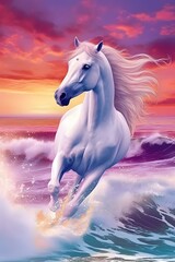 Naklejka na ściany i meble a white horse running in the ocean at sunset, by Lisa Frank, magical realism, vektroid album cover, majestic pose, powerful radiant confident vibe, dream like