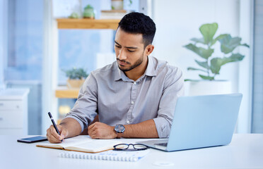 Young business man, writing and book with laptop, notes or schedule planning at web design job. Businessman, notebook and computer with ideas, brainstorming or problem solving for report in workplace - Powered by Adobe