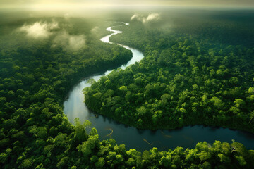 Aerial drone shot of a windy river running through the green Amazon rainforest.