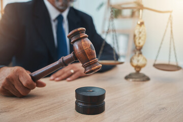 Scale, judge and gavel with hands of man in office for lawyer, justice and legal hearing. Attorney hammer, advocate and crime with closeup of person law firm for courtroom, equality and jury decision - obrazy, fototapety, plakaty