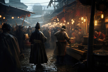 Obraz na płótnie Canvas A Glimpse into the Past: A Romanticized 17th Century Market in Bustling Edo 