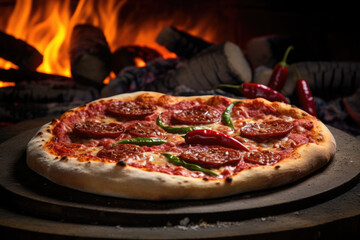 Authentic Italian Feast: Traditional  Pepperoni Pizza from Wood-Fired Oven, with fresh ingredients - AI Generative