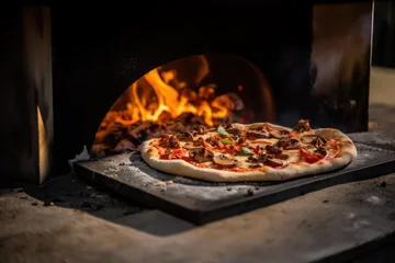 Foto op Plexiglas Authentic Italian Feast: Traditional Pizza from Wood-Fired Oven, with fresh ingredients, red pepper, mushrooms and cheese - AI Generative © Mr. Bolota