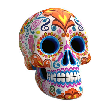 3d colorful Mexican scull isolated on white background. Celebrating the Day of the Dead. Sugar skull. Dia de muertos