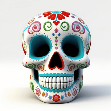3d Mexican scull isolated on white background. Celebrating the Day of the Dead. Sugar skull. Dia de muertos