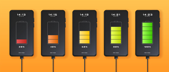 Charged smartphone with battery indicator set