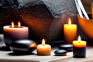 Obraz na płótnie Canvas On the spa idea table, there are zen stones, orchids, and fragrant candles. Stunning spa environment. Stone therapy. candle-lit spa with black stones, flowers, and candles. Generative AI.