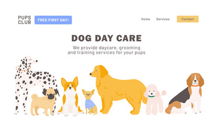 Dog day care landing page design. Modern website home page background template.
