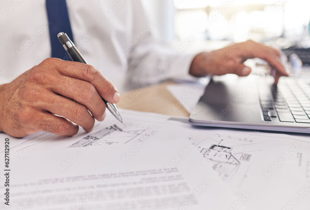Poster closeup of hand, paperwork and architect, blueprint and laptop with writing, contractor and building