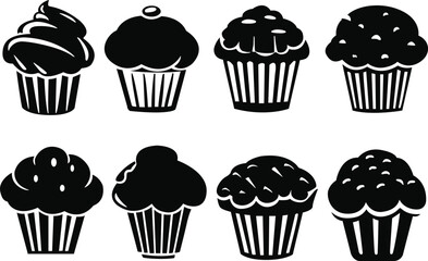 Set of cupcake silhouettes. Set of cake muffin silhouettes. Black and white cake muffins. Cake muffin vectors, cake muffin illustrations.