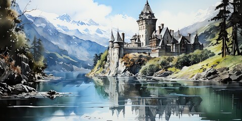 Watercolor castle painting, fairy tale, generative AI