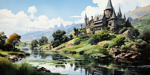 Fototapeta na wymiar Watercolor castle painting, fairy tale, generative AI