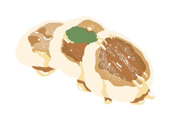 A hand-drawn illustration of a pancake 'soufflé' sold in cafes and bakeries. 'Soufflé' is a French dessert food that is heated and puffed in an oven.