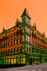 Providence city buildings and street in retro-style vibrant saturated colors with warm orange sky