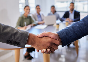 Meeting, b2b and shaking hands with business people in office for deal, agreement or startup opportunity. Hand shake, partnership and welcome, businessman shaking hands for onboarding or networking.