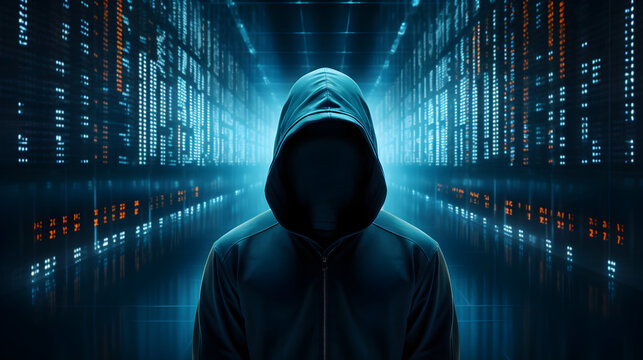 Mysterious figure, shrouded in a hoodie and surrounded by lines of code, represents the enigmatic and ominous persona of a computer hacker with sinister intentions.