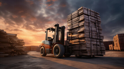 Stacks in Sunset: Witness the Industrial Choreography as a Forklift, in a Wide and Low-Angle Photo,...