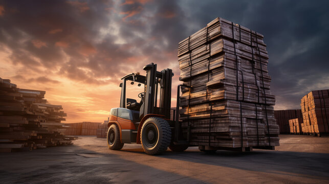 Stacks in Sunset: Witness the Industrial Choreography as a Forklift, in a Wide and Low-Angle Photo, Expertly Carries Stacks of Materials at an Outdoor Site during Sunset.

