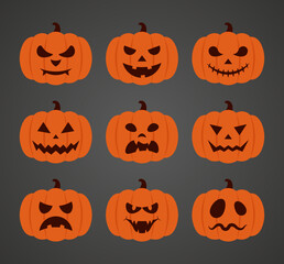 Set Of Halloween Pumpkins With Different Faces. Celebration Design. Flat Style Vector Illustration
