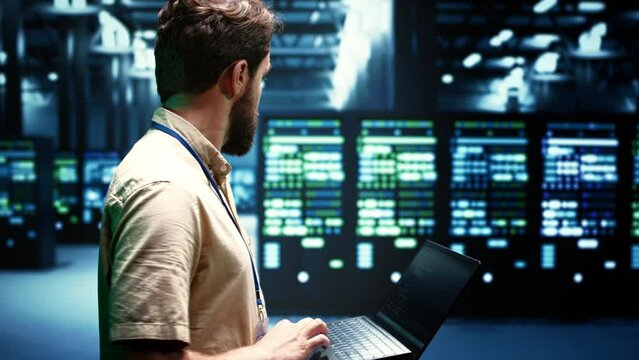 Engineer ensuring optimal functioning of VPN servers with top security standards used to adequately protect sensitive data. Enterprise data business providing reliable internet connections for users