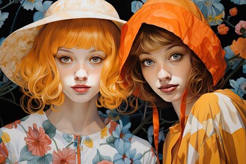 Beautiful colorful illustration of two children in Gouache style