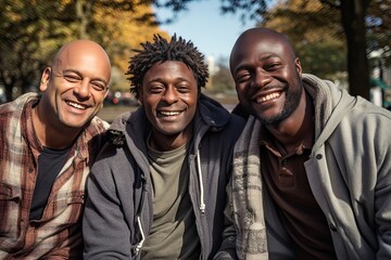 Four happy african american friends in its 30s, enjoying themselves in the style of friends in the park
