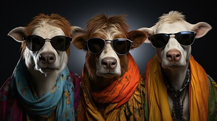 カラフルな服を着たサングラスをかけた牛
