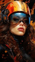 Stunning woman Cyberpunk Portrait Painting Biotech goggles reflection