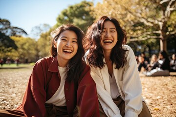 Two happy asian girl friends in its 30s enjoying themselves in the style of friends photography park portraits