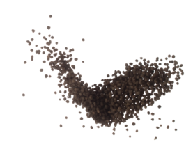 Fertilizer brown chemical accelerate growth fly fall explosion, many tiny ball fertilizer for planting float throw in mid air. White background isolated high speed freeze motion
