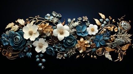 A floral border on black background with white and blue flowers and gold stems. Generative AI. 