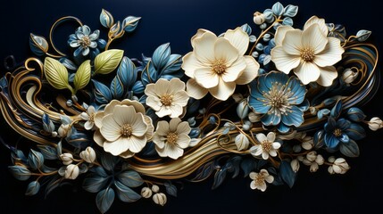 A floral border on black background with white and blue flowers and gold stems. Generative AI. 